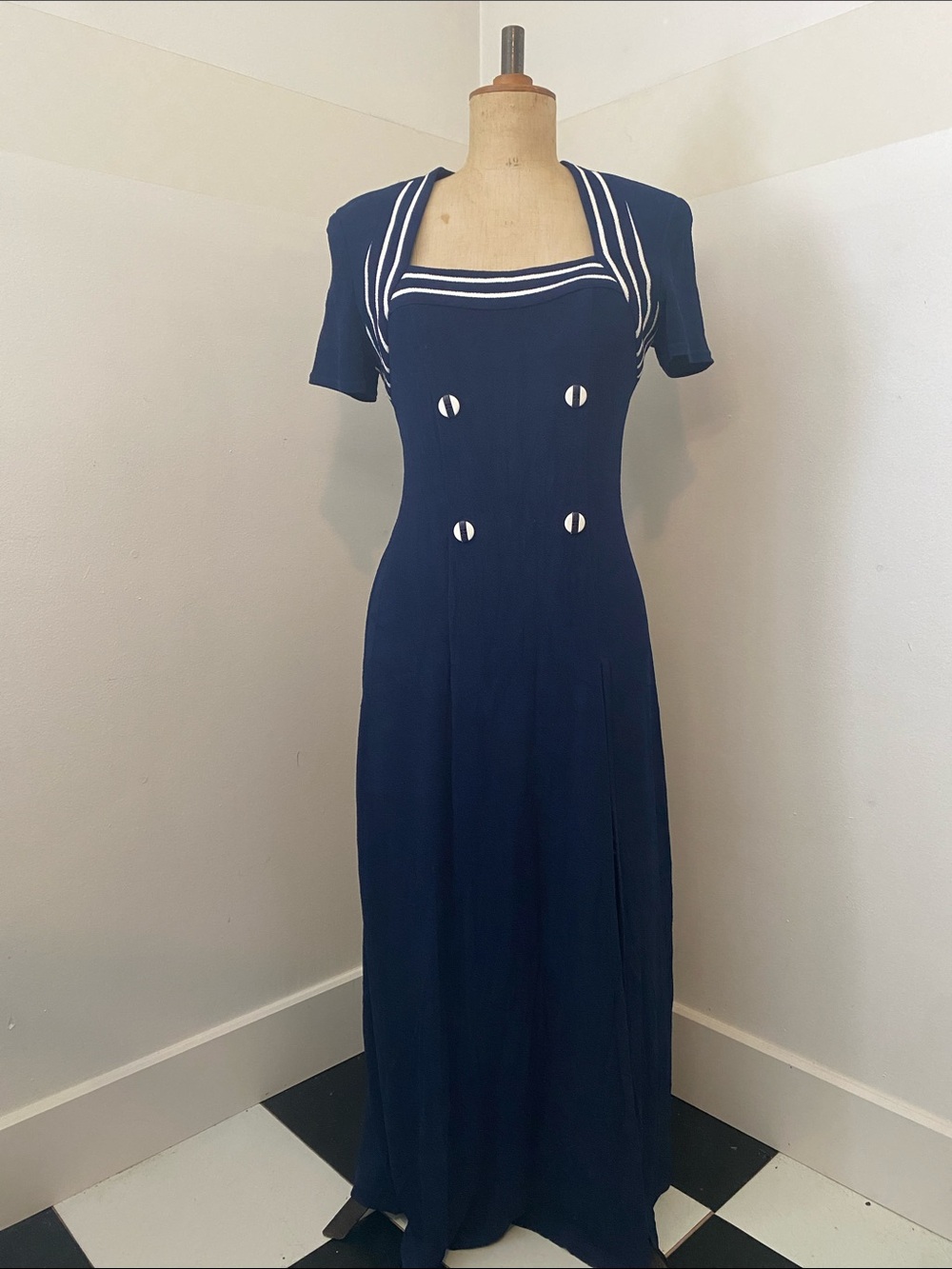 Joseph Ribkoff Navy Nautical Maxi Dress Size 10 Vintage Sailor Style